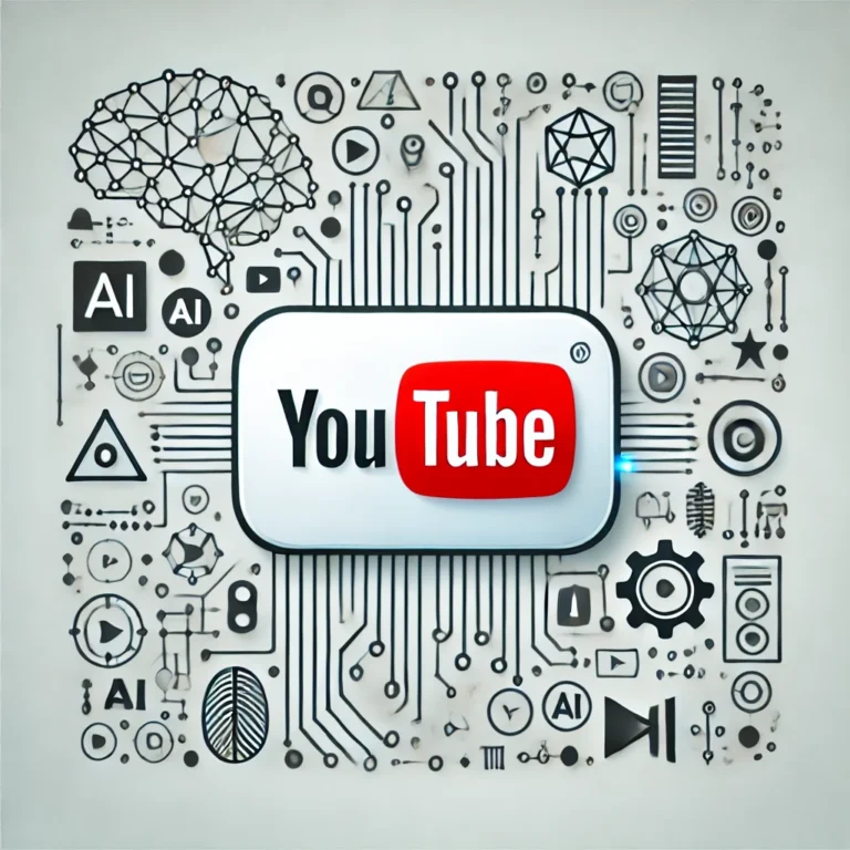 A central YouTube logo surrounded by various interconnected icons representing technology and multimedia elements, such as gears, AI labels, play buttons, and abstract patterns, symbolizing digital interconnectivity and media innovation.