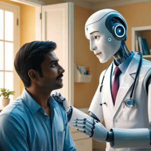 A humanoid robot dressed as a doctor, with a stethoscope, places a reassuring hand on a mans shoulder in a brightly lit room with a window and a small plant. The man looks at the robot with trust and interest.