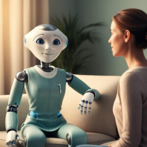 A humanoid robot and a woman sit on a sofa facing each other in a well-lit room with a curtain in the background.