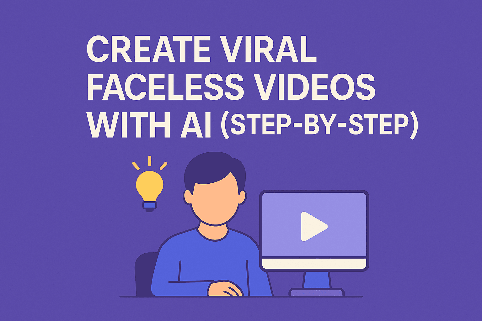 Minimal digital illustration promoting AI-generated faceless videos, featuring a character at a desk with video icons and bold headline text