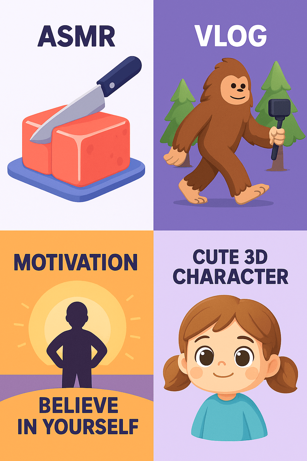 Grid illustration showing ASMR, vlog, motivational, and cute 3D character video types.