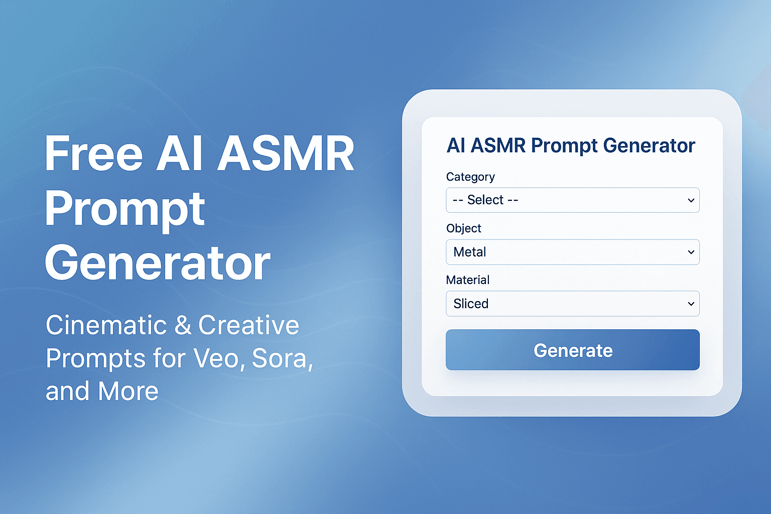 Free AI ASMR Prompt Generator interface – cinematic prompt tool for Veo, Sora, and AI video creation