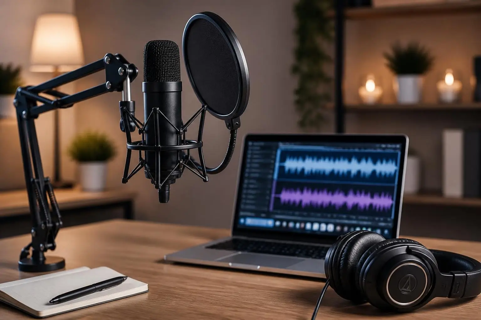 A recording studio setup with a microphone, headphones, and a laptop displaying audio software on a desk.