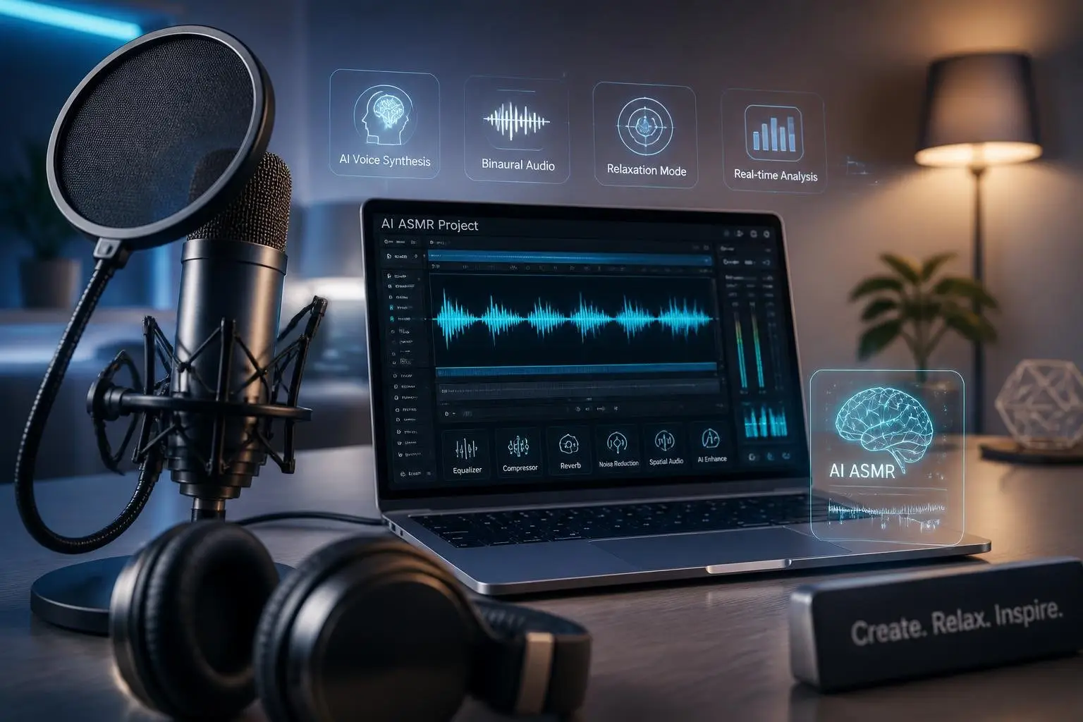 A workspace with a microphone, laptop showing audio editing software, and headphones arranged on a desk.