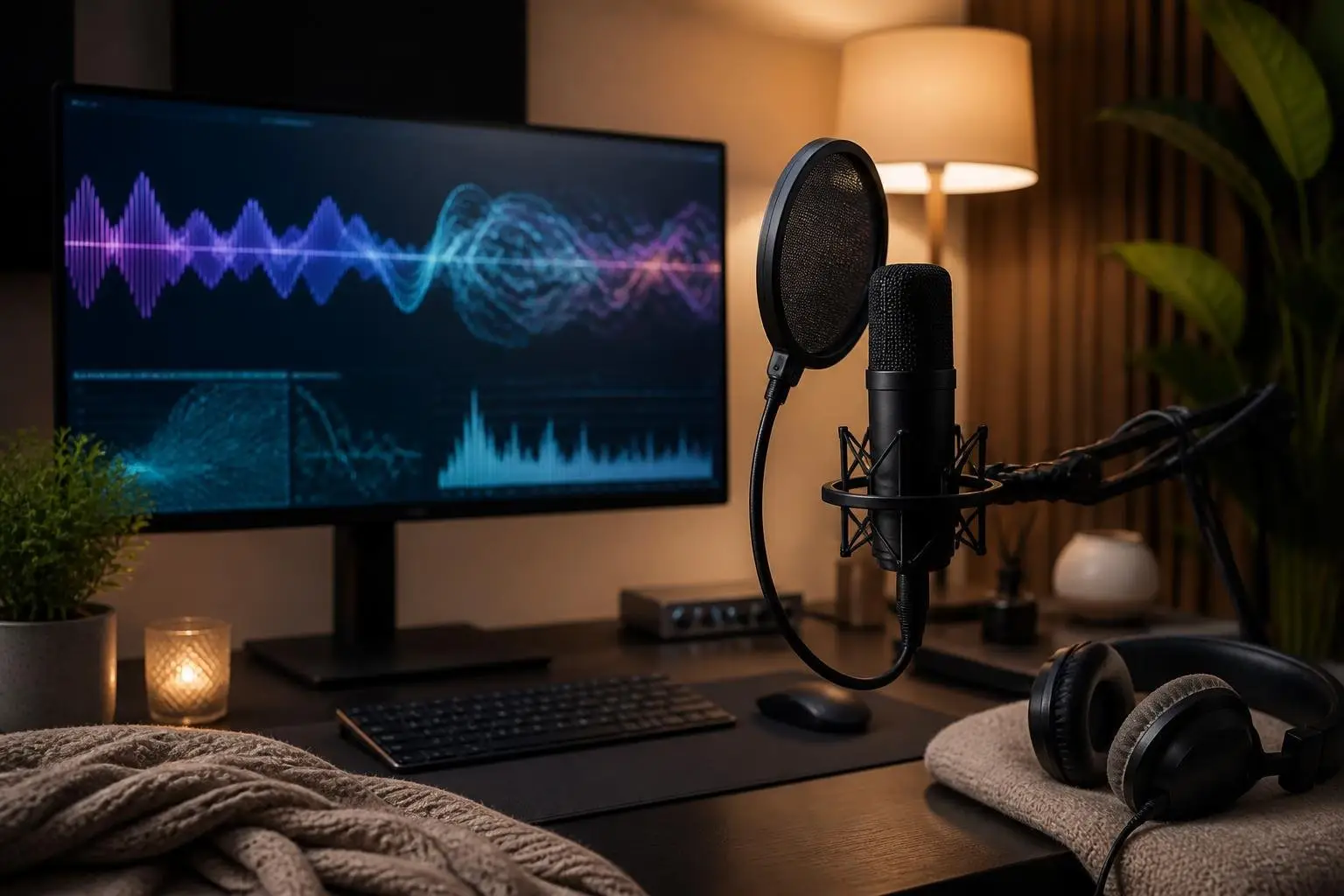 A modern workspace with a microphone, computer screen showing sound waveforms, headphones, and calming decorative elements.